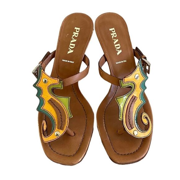 PRADA Leather Seahorse Sandals Kitten Heel Cognac Brown Green Yellow 5.5 - Picture 1 of 14